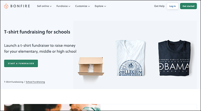 A screenshot of Bonfire's website, which explains how you can use its platform for online school fundraising.